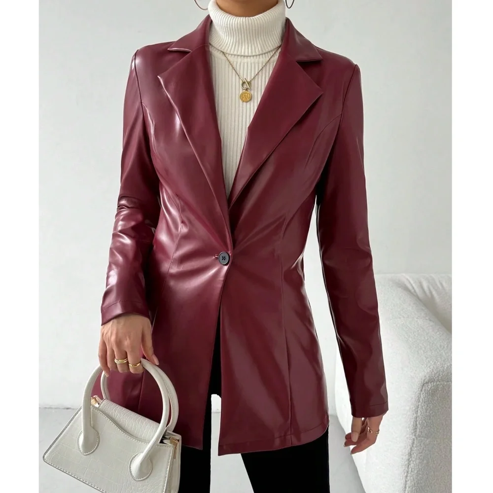 Luxe Burgundy Vegan Leather Button Blazer Jacket Coat - Picture 1 of 9